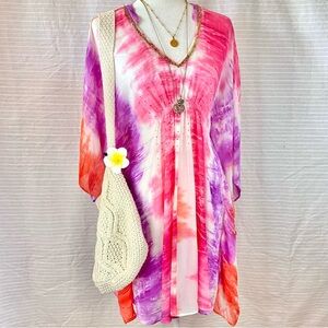 ♡ flowy batwing tie dye cocktail plunge dress with bead and rhinestone detailing